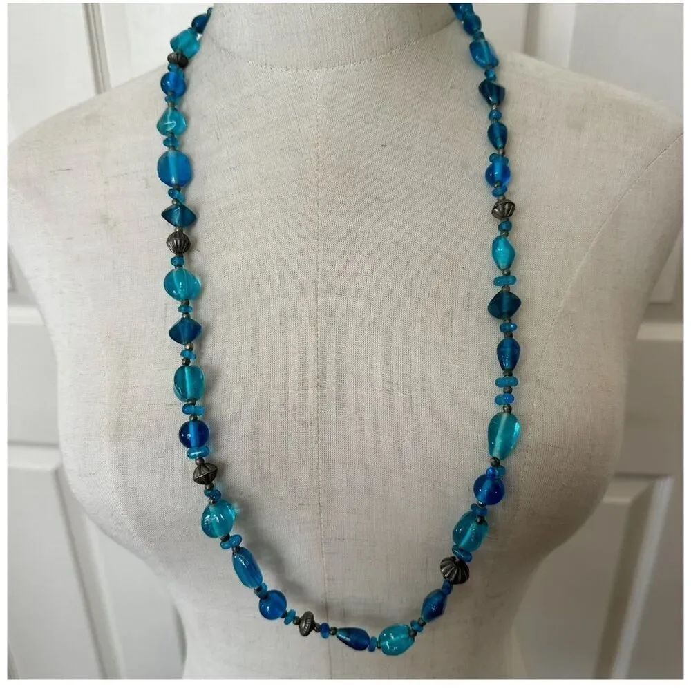 Blue glass beaded long vintage necklace